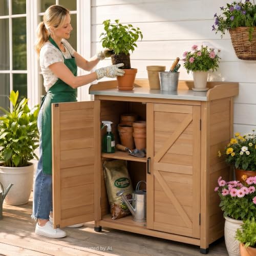 Potting Bench with Storage Cabinet and Metal Table Top for Outdoor Patio, Garden Furniture Wood Workstation (Light Brown, 31.5x17x39) - color: Light Brown, size: 31.5x17x39