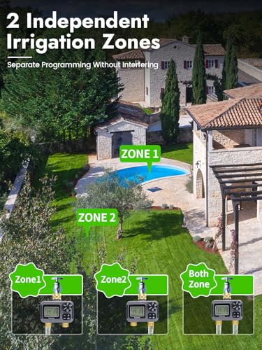 Insoma Water Timer 2 Zone, Programmable Irrigation Sprinkler Timer for Garden Hose, Outdoor Hose Faucet Timers with Rain Delay/Manual/Auto Modes, IPX5 Waterproof for Drip System & Lawn - size: 2 Zone-Brass Inlet Outlet