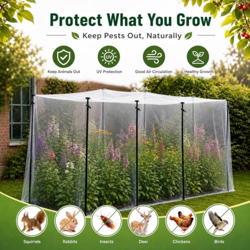 Large 10x20ft Garden Netting Kit for Raised Beds with Metal Support Stakes