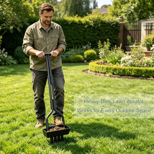 4-Tine Lawn Aerator with Soil Tray – 39.5" Manual Coring Tool for Grass, Yard & Compacted Soil – 4.5" Hollow Tines, Upgraded 4-Tine Design