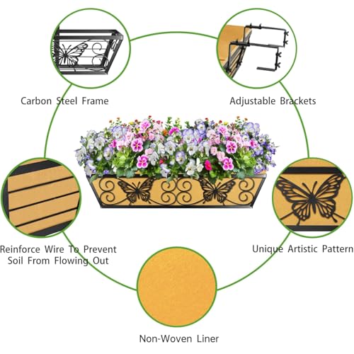 2 Pack 24 Inch Window Boxes Planters Railing Planter Box with Adjustable Brackets for Porch Fence Patio Balcony Hanging Flower Baskets with Woven Fabric for Outdoor Garden Decor - Black - color: Black