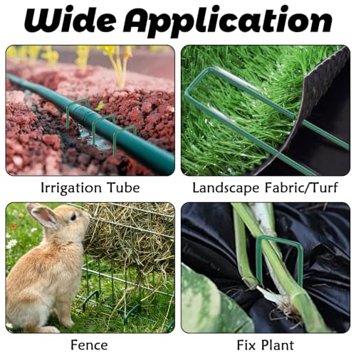 DAJAVE 100 Pack Green Landscape Staples, 6 Inch U Shaped Garden Stakes with 100 Washers and Pick Hook, 11 Gauge Galvanized Ground Landscape Pins for Weed Barrier, Landscape Fabric, Sod, Turf, Yard