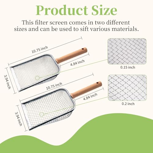 2 Pack Gardening Soil Sifter, Compost Dirt Rock Sifter, One-Hand Operation with Ergonomic Wood Handle, 0.15/0.2 Inch Stainless Steel Dual Mesh Sieve for Planting, Sand, Cat Litter & Compost Filtration - size: 3.9in / 10cm