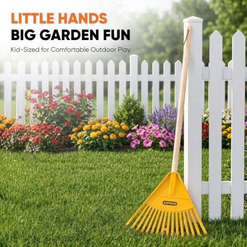 Superio Kids Leaf Rake, 34-Inch Lawn & Garden Rake with Hardwood Handle and Durable Plastic Head, Leaf Cleanup Tool, Yellow 1 Pack - color: Yellow