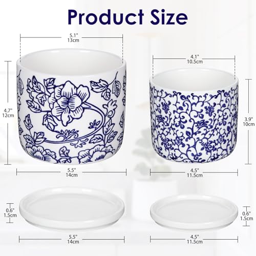 Set of 2 Blue and White Ceramic Plant Pots with Drainage Hole and Saucers, Retro Blue Porcelain Vase Round Planters for Succulent Cactus Indoor Outdoor Garden Home Desktop Decor, 4.5+5.5 Inch - color: Style 1