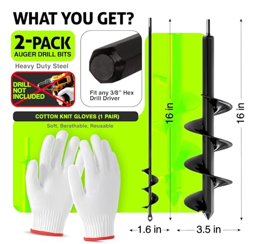 2pk Auger Drill Bit for Planting 1.6" x 16" & 3.5" x 16" Set - size: 1.6 x 16 + 3.5 x 16 Inch