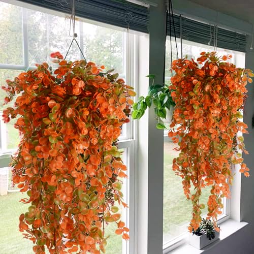 2pcs Artificial Hanging Fall Plants Fake Hanging Plant Faux Eucalyptus Leaf Greenery Vine Outdoor UV Resistant Plastic Plants (2, Fall Orange) - color: Fall Orange