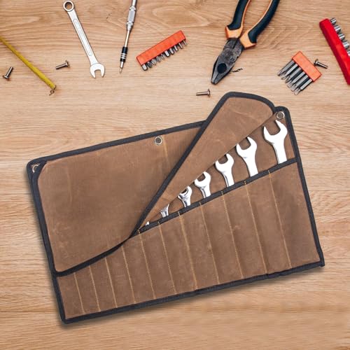 Chisel Roll, 6 Pockets Roll Up Tool Pouch, Waxed Canvas Small Tool Roll - color: Brown- 12 Pockets Canvas