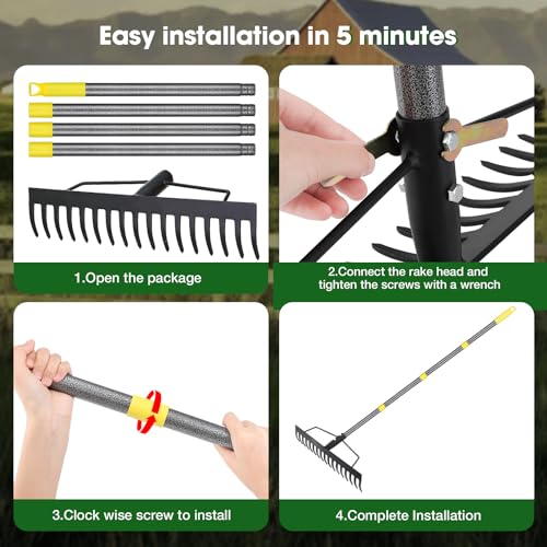 Heavy Duty Metal Bow Rake for Lawn , 17 Steel Tines Garden Rake