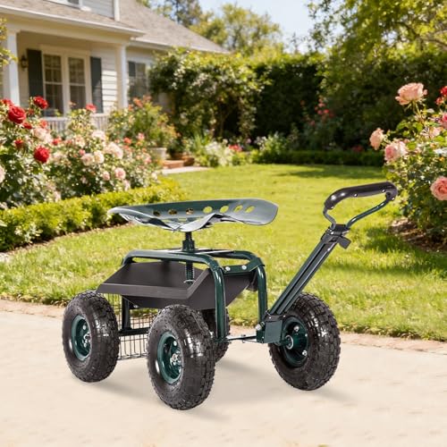 FIZZEEY 360 Swivel Rolling Garden Work Seat Cart with Storage Basket - color: 2-green