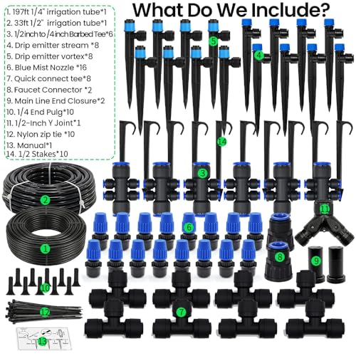 230FT Quick-Connect Drip Irrigation System Kit, Automatic Garden Watering System with 1/4" & 1/2" Tubing - Adjustable Nozzles & Sprinklers for Garden, Greenhouse, Lawn, Potted Plants - size: 33FT Main tube+197FT 1/4'' tube