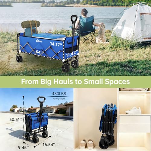 34" Extra Long Collapsible Wagon Cart, 480LBS Capacity, Royal Blue - color: Royal Blue