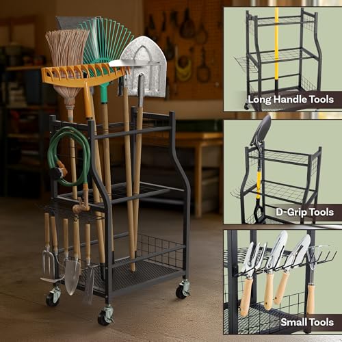 Garage Garden Tool Organizer with Wheels - Yard Tool Storage Rack with 28 Slots for Long Handles, 10 Hooks, 2 Cord Wrappers, and Locking Wheels - Shed or Garage Organization by Pure Garden - size: Small