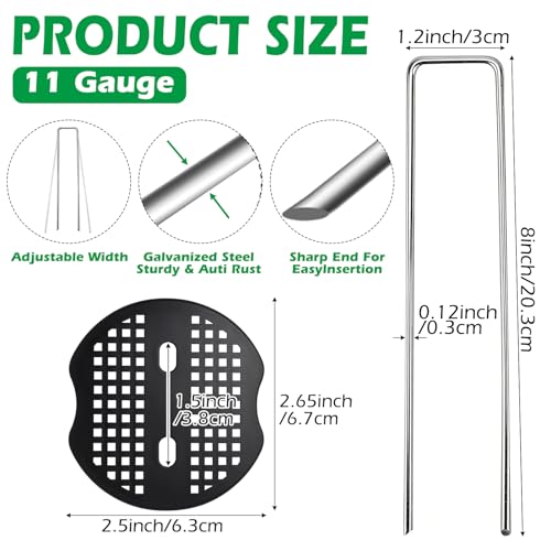 100 Pack Landscape Staples and 100 Pack Gaskets,8" 11 Gauge Galvanized Steel Garden Staples with Black Pads,Landscape Pins Turf Staples for Securing Weed Barrier Fabric Artificial Grass - size: 8 in