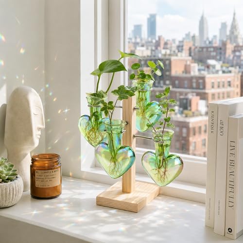 Nacome Plant Terrarium Propagation Stations: Green Vase with Wooden Stand - color: Green