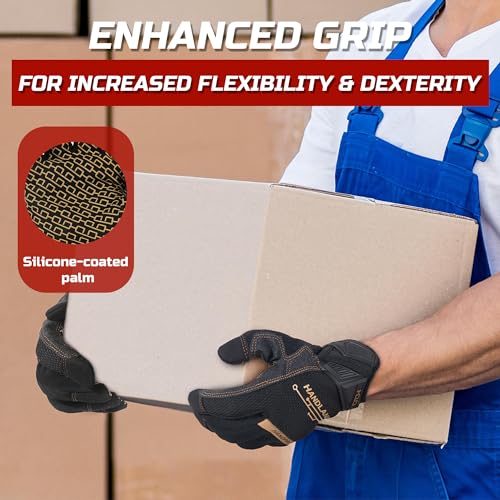 HANDLANDY Mens Work Gloves Touch screen, Utility Mechanic Gloves, Flexible Breathable Fit- Padded Knuckles & Palm - color: Black Gold, size: X-Large