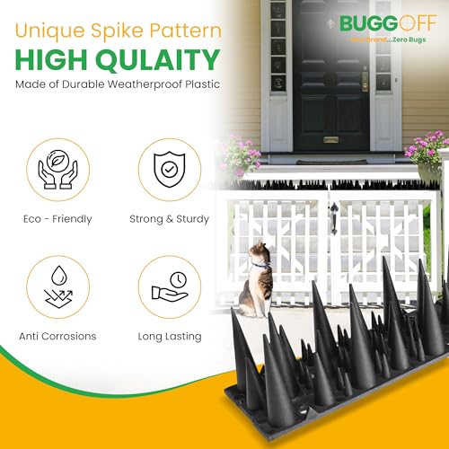 BUGGOFF - Bird & Rodent Spikes, Unique Spike Pattern effecitviely deteres Pesky Pigeons, Squirrels, Raccoons. Installs on Fences, Gates, Roofs, Walls and More! (13 Feet, Green Plastic) - color: Green Plastic