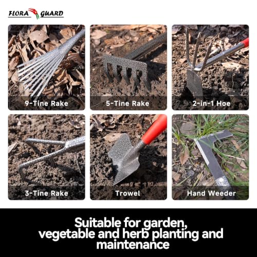 FLORA GUARD 6-Piece Garden Tool Set, Heavy Duty Steel Hand Tools - style: RED
