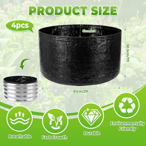 4 Pack 2 x 2 x 1 ft Round Fabric Galvanized Raised Garden Bed Liner Raised Garden Bed Liner Bag with Drainage Holes Heavy Duty Planter Pots Gardens Box for Outdoor Plants Growth Vegetables