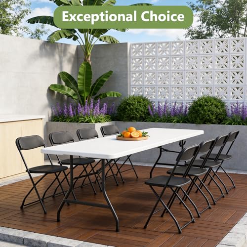 Folding Table, 8FT Foldable Picnic Table with Carrying Handle, Heavy Duty Fold-in-Half Portable Table for Weddings, Camping, RV Travel, Parties, BBQs, and Indoor Use, Easy to Fold and Store, White - color: White, size: 8FT