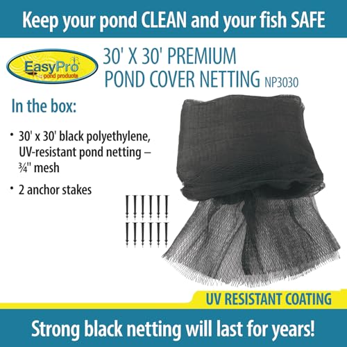EasyPro NP3030 Premium 3/4-Inch Pond Cover Netting, 30-Feet x 30-Feet with 12 Stakes - size: 30' x 30' with 12 stakes, style: Standard 3/4" Mesh