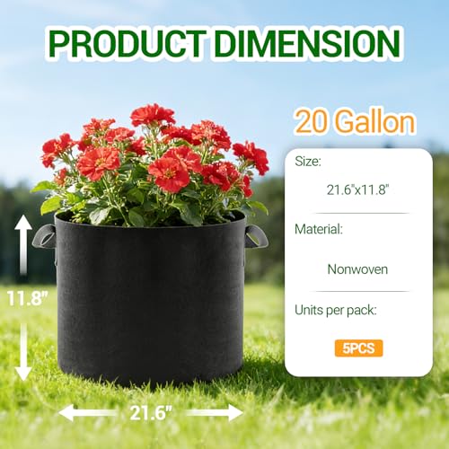 5-Pack 20 Gallon Grow Bags, Thickened Aeration Fabric Pots - size: 20