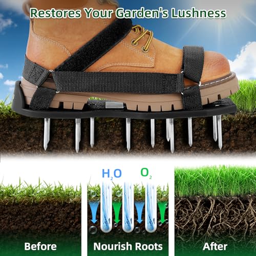 Ohuhu Lawn Aerator Shoes with Stainless Steel Shovel, Free-Installation Aerating Shoe with Hook&Loop Straps, Heavy Duty One-Size-Fits-All Spiked Aerating Sandals for Garden Grass - color: Black