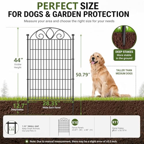 No Dig Garden Fence Outdoor for Yard, 10 Panels with Gate - size: 44 in(H) X 23.6 ft(L)