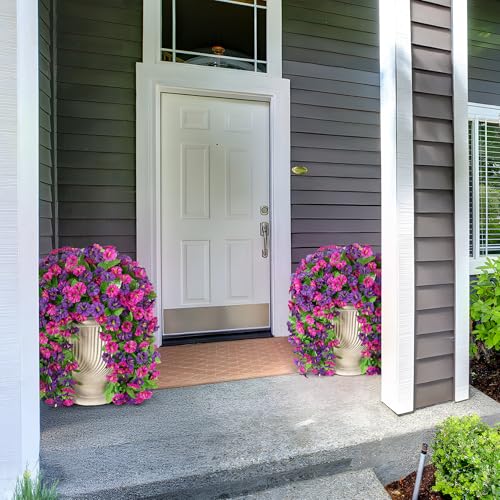 Artificial Flowers with Hanging Basket, Outdoor Faux Plants UV Resistant - color: Purple Red Violet