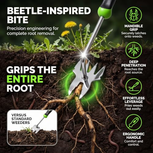 Heavy-Duty Garden Weed Pulling Tool, Deep Rooted Handheld Weed Control Tool, Stainless Steel Manual Dandelion Root Remover with Ergonomic Anti-Slip Handle for Lawn & Yard, 1 Pack