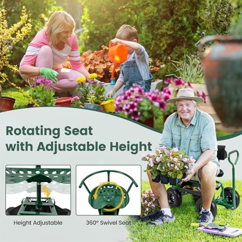 Goplus Garden Seat with Wheels, Rolling Gardening Stool with Adjustable 360° Swivel Seat, Tool Tray & Storage Basket, Extendable Handle, Outdoor Gardening Scooter, Garden Cart Workseat for Seniors - color: Green