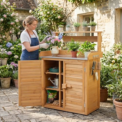 Goplus Garden Potting Bench Table with Stainless Steel Tabletop - color: Yellow, size: 34" x 18" x 47"