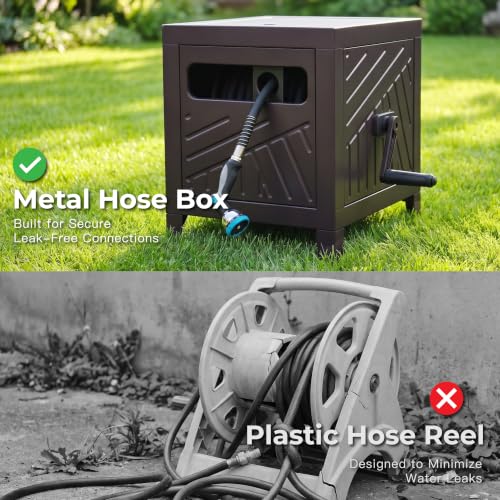Garden Hose Reel Hideaway, Heavy Duty Metal Hose Reel Box for 125FT x 5/8" Hose, Steel Hose Storage Reel with Manual Crank Handle, Hose Guide System, Leak-Proof Aluminum Fittings, Stable 4-Leg Base