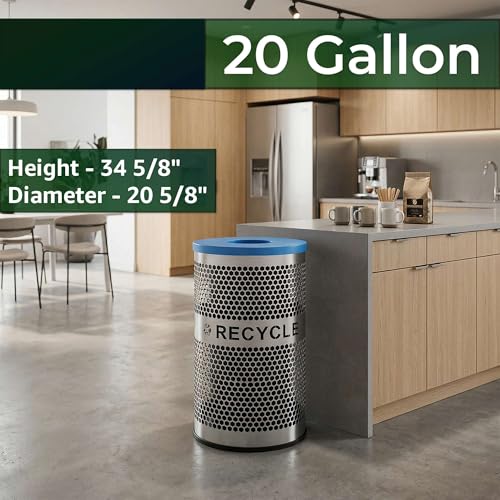 20 Gallon Stainless Steel Recycling Bin - Round Perforated Commercial Recycle Can with Can and Bottle Lid, Rigid Plastic Liner, and Rubber Base for Offices, Lobbies, and Retail Stores - size: Recycling Bin