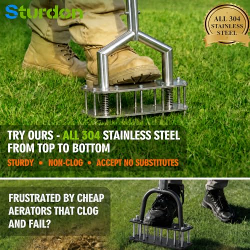 Manual Lawn Aerator - 304 Stainless Steel Aerator Lawn Tool with 15 Spikes