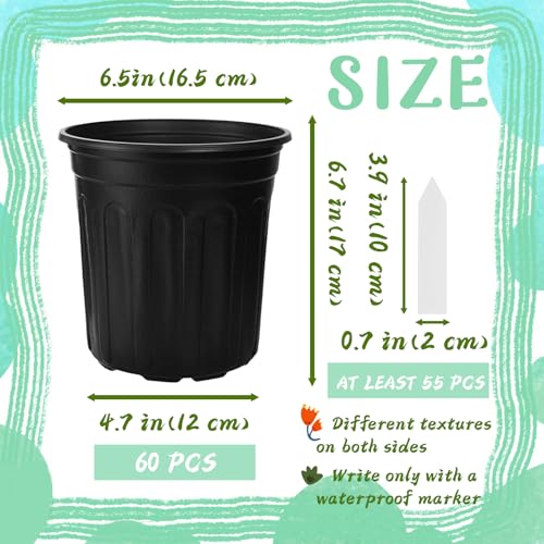 60 Pcs 1 Gallon Flexible Plant Nursery Pots,Plastic Thickened Soft Seedling Pot with Plant Labels,Flower Seed Starting Containers for Succulents,Transplanting,Indoor Outdoor,Black