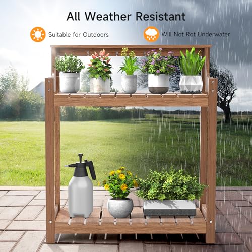 ONBRILL HDPS Potting Bench, All Weather Potting Table with 8 Hooks and Highten Tabletop, Easy Assembly Garden Work Bench, Outdoor Potting Benches for Outside Patio Lawn, 360LBS Capacity, Teak