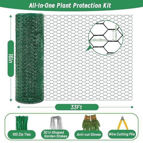 Convivium Plant Protectors from Animals, 0.8mm Free-Cut Green Chicken Wire Mesh, PVC Coated Tree Trunk Guard & Garden Fence for Outdoor Plants with Zip Ties, Stakes, Pliers, Gloves(33Ft*16In) - size: 33Ft*16In