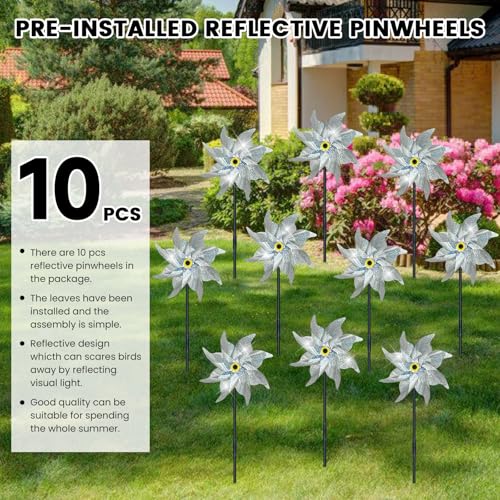 10 PCS Reflective Pinwheels for Yard and Garden Bird Devices Pre-Installed Sparkly Wind Spinner Deterrent to Scare Birds Away from Yard Patio Farm (Silver) - color: Silver