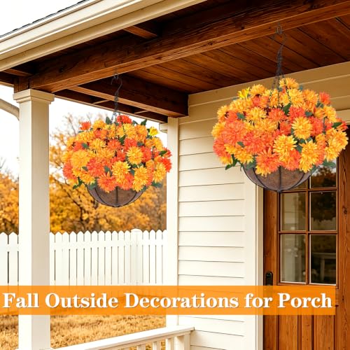 2 Sets Artificial Faux Fall Mums Hanging Flowers Plants Basket for Outdoor Decor, 150 UV Resistant Fake Silk Orange Yellow Daisy in Planter Real Look for Autumn Porch Home Patio Garden Yard Decoration - color: Orange
