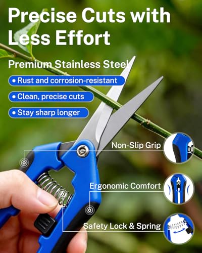 2-Pack Pruning Scissors, 6.5 Inch Stainless Steel Gardening Shears for Flower Trimming, Plant Harvesting & Bonsai Clippers with Non-Slip Handles & Safety Lock(blue) - color: Blue