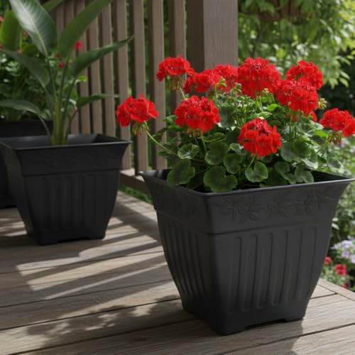 4-Pack 18 Inch Large Outdoor Planters, Embossed Leaf Pattern, Black - color: Black, size: 4P-18 INCH