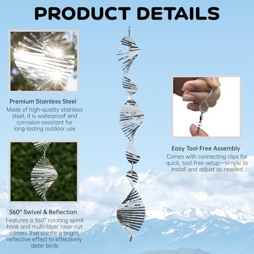 18 Pcs Stainless Steel Bird Deterrents for Outside - 3D Spiral Spinning Windmill Reflective Scare Devices to Keep Birds, Pigeons & Woodpeckers Away from Garden, Yard, Patio, Windows & Fruit Trees