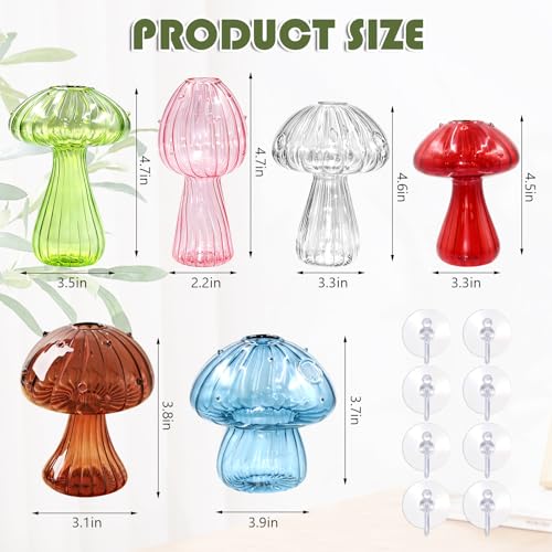 6Pcs Window Propagation Stations Colored Mushroom Propagation Vases with 8Pcs Suction Cups Glass Window Wall Hanging Planter Holder Small Bud Vases for Flowers Plant Home Decor