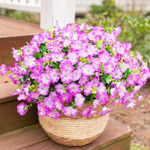 Artificial Flowers Fake Plants for Outdoors Decoration, 12 Bundles Purple Silk Morning Glory with Eucalyptus Realistic UV Resistant Faux Flowers Greenery for Outside Planter Yard Garden Home Indoor - color: Gradient Purple