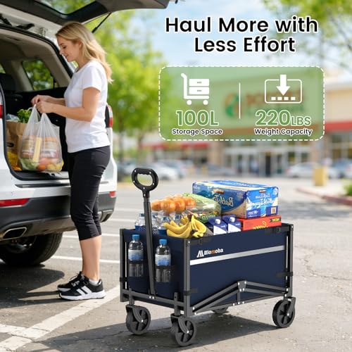 Blomoba Collapsible Wagon Cart, 220LBS Utility Wagon with Wheels, Blue - color: Blue, size: 100L