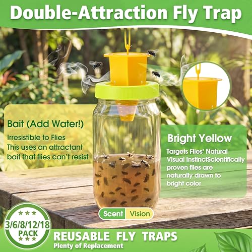 12 Pack Fly Traps Outdoor, Reusable Fly Catcher Bottles with Bait Hanging Flies Traps with Non-Toxic Dissolvable Bait Refills for Flying Insect Drain Patio Garden Yard Barn Outdoor