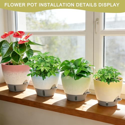 4-Piece Planter Set, 12/10/9/8-inch Self-Watering Pots with Drainage Holes, Deep Trays, Water Level Indicators, Suitable for Plants (12/10/9/8-inch, White Gradient Design)