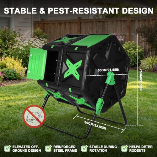 60 Gallon Compost Tumbler Outdoor, Dual Chamber Rotating Compost Bin with Easy Turn Design, UV Resistant BPA-Free Garden Composter for Kitchen Food Scraps & Yard Waste, Easy Assembly