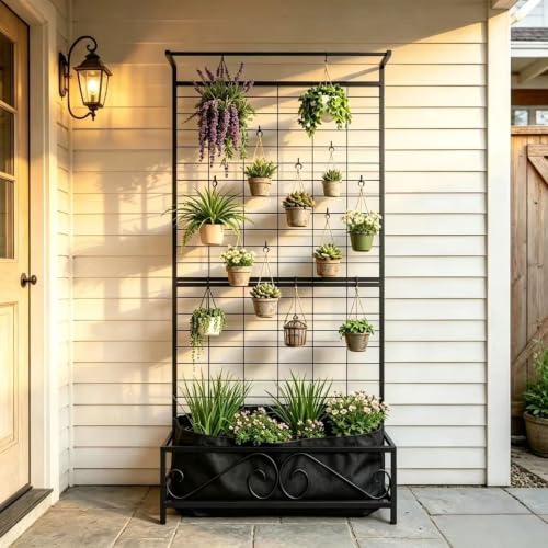 Zhongma Metal Planter with Trellis Raised Bed with Trellis for Vine Climbing Plants Flowers(12.8 x 35.43 x 74 in), 74 Inch Height Privacy Screen with Hanging Plant Pot Shelf - size: 12.8 x 35.43 x 74 in